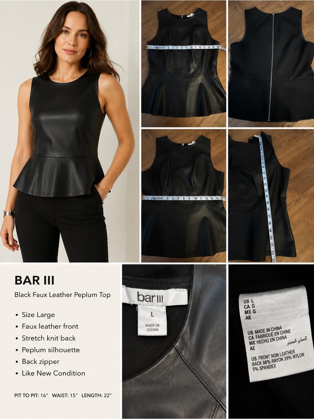 Bar III Black Faux Leather Peplum Top Sleeveless Size Large Like New - Picture 9 of 9